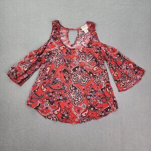 Mossimo Blouse Top Women's XS Red Paisley Cold Shoulder Bell Sleeve Top